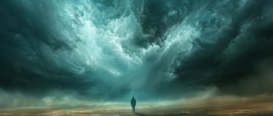 A solitary figure walks under turbulent skies, surrounded by dramatic clouds, evoking a sense of insignificance against nature's vastness.