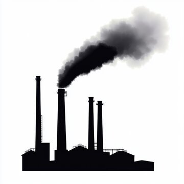 recommend clip art: Silhouette of industrial smokestacks emitting black smoke against a white background.