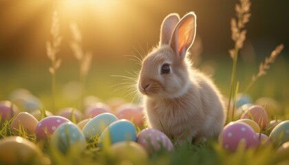  White rabbit sitting in a field with Easter eggs during sunrise
