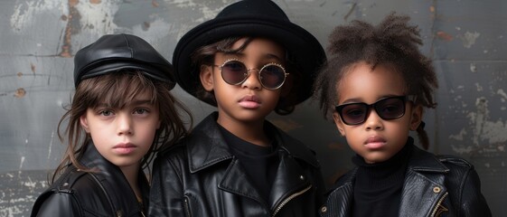 Three stylish kids in leather jackets and sunglasses exude cool confidence against a rustic backdrop.