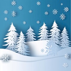 Obraz premium A serene winter landscape with white pine trees and soft snowfall against a gradient blue background.