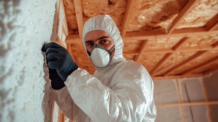 Hazardous Materials: A worker, fully encased in protective gear, diligently inspects a wall within an indoor setting, raising concerns about hazardous materials in the work environment.