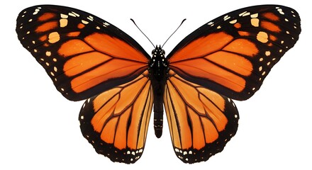 Fototapeta premium A highly detailed close-up of a monarch butterfly with vibrant orange and black wings, isolated on a white background