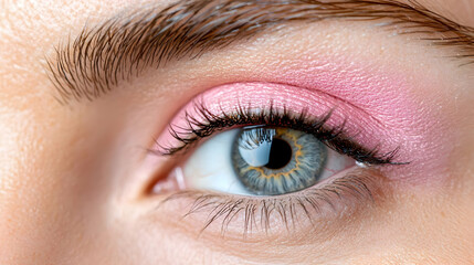 Obraz premium Close-up of woman's eye, pink eyeshadow, beauty makeup, studio shot