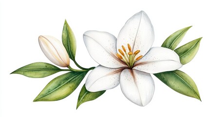 Fototapeta premium Watercolor White Flower with Green Leaves and Bud on White Background