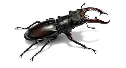 A realistic illustration of a stag beetle with shiny black exoskeleton and large mandibles, on a white background