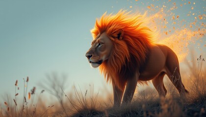 Naklejka premium Regal Lion with a Flowing Mane and Intense Stare Amidst the African Wilderness