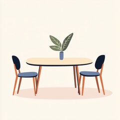 Minimalistic dining setup featuring a stylish table and two chairs with a potted plant centerpiece.
