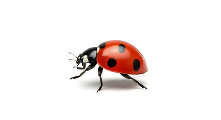 A colorful ladybug resting on an invisible surface, showing its red shell with black spots, isolated on white