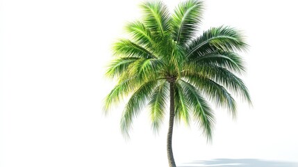  Tall coconut palm tree with gracefully curved trunk and vibrant green fronds stretching outward. Isolated against a pure white background, emphasizing tropical beauty.