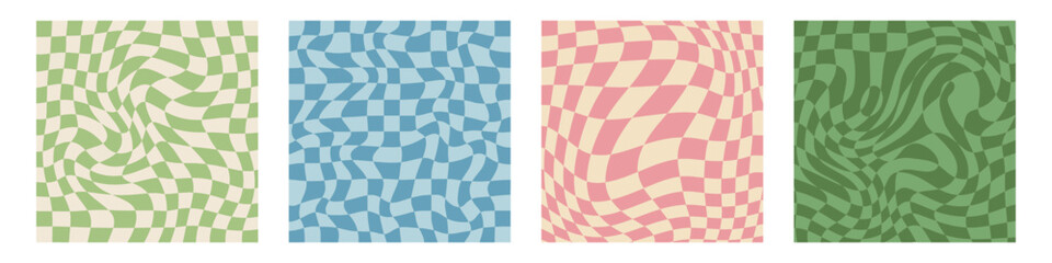 Groovy 70s hippie backgrounds featuring checkerboard,mesh, and wavy patterns.Retro 60s and 70s psychedelic design with a Y2K aesthetic. Gingham vector wallpaper collection, perfect for print templates