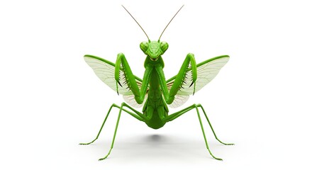 A 3D-rendered image of a praying mantis in a defensive stance, its bright green body contrasting against a white background