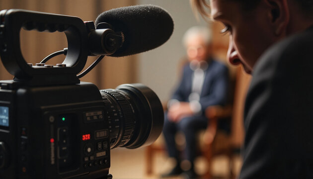 Documentary filming with professional camera and microphone, artistic production