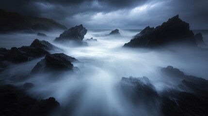 Fototapeta premium Dramatic Black Sand Beach with Massive Basalt Sea Stacks Under Storm