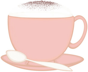 A old rose ceramic cup of hot cappuccino with coffee cup saucer and tea spoon.