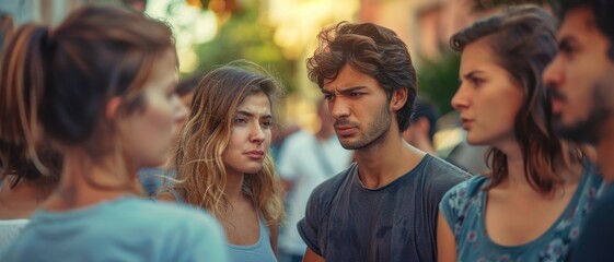 Obraz premium A group of young adults having a serious conversation outdoors, surrounded by a vibrant urban background during a sunny day.