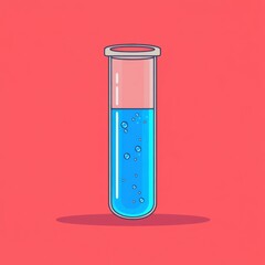 Illustration of a glass test tube filled with blue liquid against a vibrant coral background.
