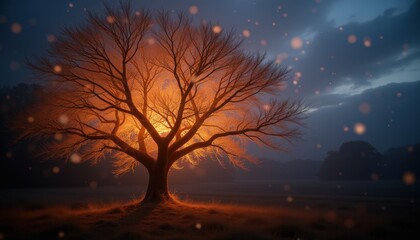  Leafless Tree at Sunset with a Warm Glow and Bokeh Lights