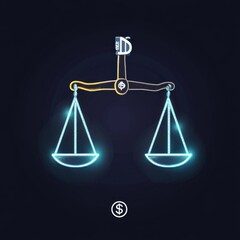A glowing neon scale symbolizing justice and balance in finance, depicted against a dark background.
