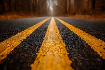 Asphalt Road with Double Yellow Lines Winding Through Autumn Woods