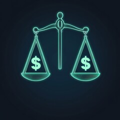 A glowing scale symbolizing balance in finance, with dollar signs representing financial equity.