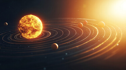 Fototapeta premium A realistic solar system illustration showcasing the sun and its orbiting planets, symbolizing the vastness of space, the interconnectedness of celestial bodies, and the mysteries of the universe.