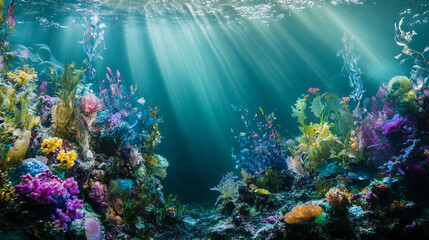Fototapeta premium Vibrant underwater coral reef scene with colorful fish and plants sea life blue pink ocean image
