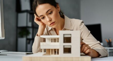 Architect examining a detailed model of a modern house in the office