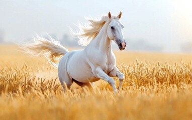 Close up of a majestic white horse running through a golden wheat field, mane flowing in the wind