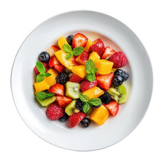 Fresh and Colorful Fruit Salad with Mint Garnish in White Bowl