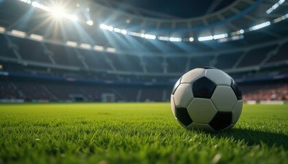  Soccer Ball on Green Field with Stadium Lights
