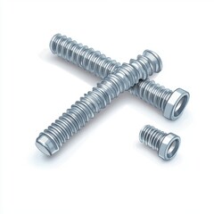 Three shiny metallic screws of varying sizes, showcasing details on threads and heads against a white background.