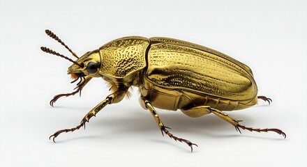 Fototapeta premium A golden scarab beetle with intricate patterns on its shell, shining against a white background