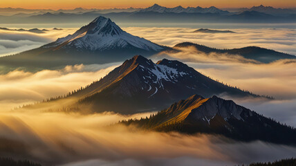 A breathtaking view of towering mountain peaks emerging from a sea of soft, rolling fog, with the first golden rays of sunlight breaking through the clouds, casting a warm glow over the landscape.