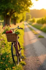 Fototapete Rund vintage bicycle with wicker basket filled with fresh produce on countryside path under warm sunset glow. concept of summer leisure and rural lifestyle. travel, outdoor activity, postcard. © Artem Zatsepilin