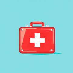 Obraz premium A bright red first aid kit icon with a white cross, symbolizing health and safety.