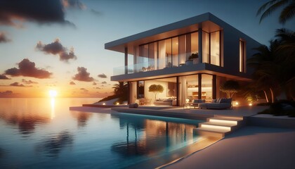 Obraz premium Big White Villa at the Sea with a sunset in the background