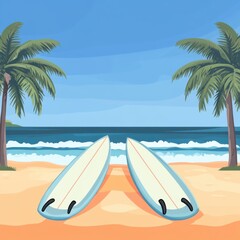 Two surfboards resting on a sandy beach, framed by vibrant palm trees and a serene ocean background.