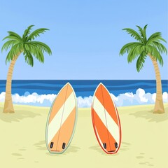 Two colorful surfboards on a sunny beach, surrounded by palm trees and ocean waves.