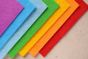 Vibrant Soft Textile Background, Handmade Colorful Craft Material, Multicolored Artistic DIY Supplies, Geometric Patterned Felt Sheets, Assorted Decorative Fabric Layers, Sewing Swatches Collection