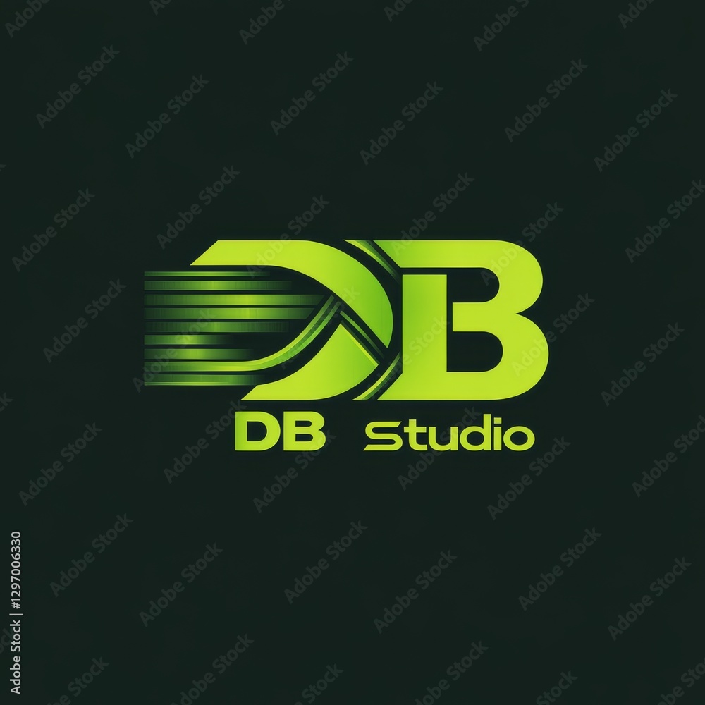 Poster Dynamic Green DB Studio Logo with Modern Lines & Bold Typography on Dark Background.