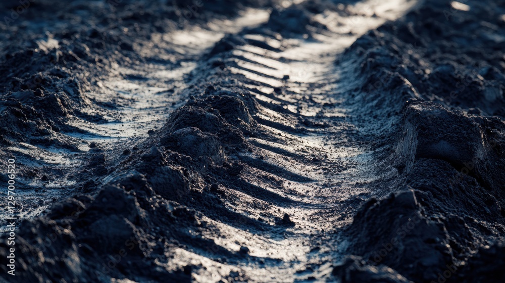 Poster tire tracks create unique patterns in wet soil on a rural road during early morning light. generativ