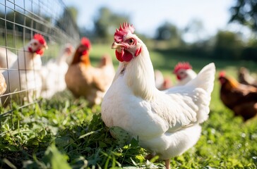 Fototapeta premium White Chicken in Green Pasture Surrounded by Other Chickens Under Bright Blue Sky on a Sunny Day in a Farmyard Setting