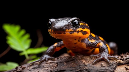 Obraz premium Salamander's Vigil: A striking close-up of a vibrant salamander, its patterned skin gleaming under the soft light, perched on a weathered branch.