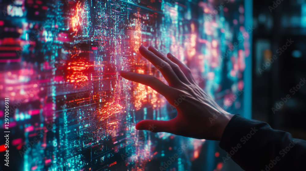 Poster digital interaction with glowing data interface in a futuristic setting