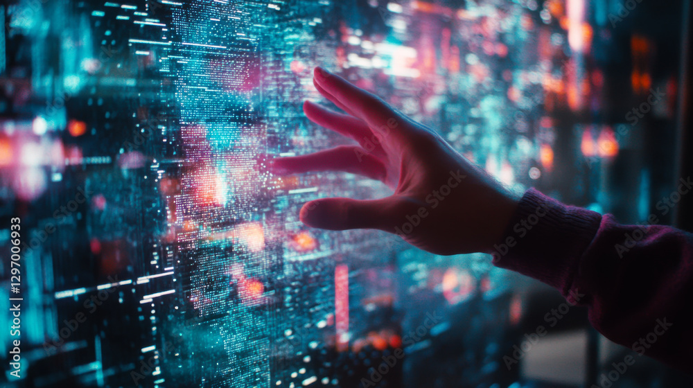 Aufkleber digital interaction with glowing data interface in a futuristic setting