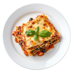 Delicious Layered Lasagna with Fresh Basil on White Plate