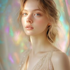 Fototapeta premium Ethereal Beauty: A Portrait of a Young Woman with Blonde Hair and Delicate Features, Bathed in Soft, Iridescent Light.
