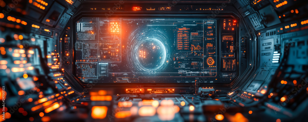 Poster futuristic sci-fi spacecraft command center with digital interface and holographic display in a cybe