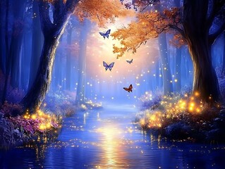 Naklejka premium A whimsical forest scene featuring a glowing river and butterflies
